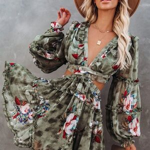 Floral Backless Dress - Green